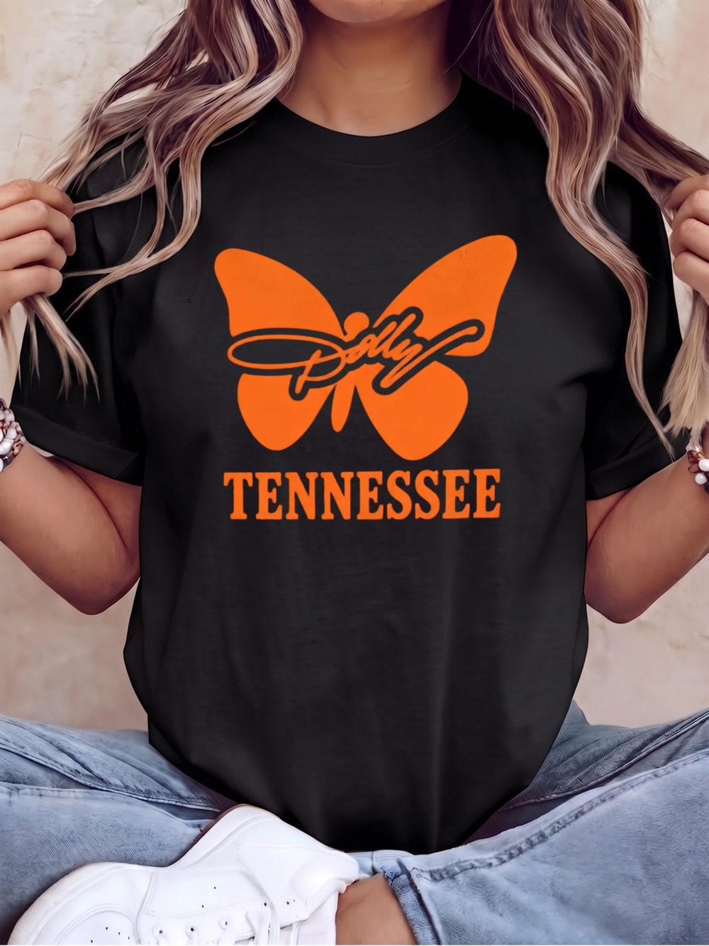 Gildan Black Tennessee Dolly Shirt, Orange Butterfly Graphic Tee